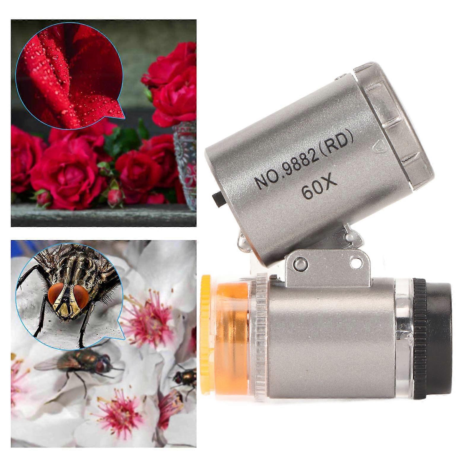 60X Mini Pocket Microscope Magnifier with LED Light Silver