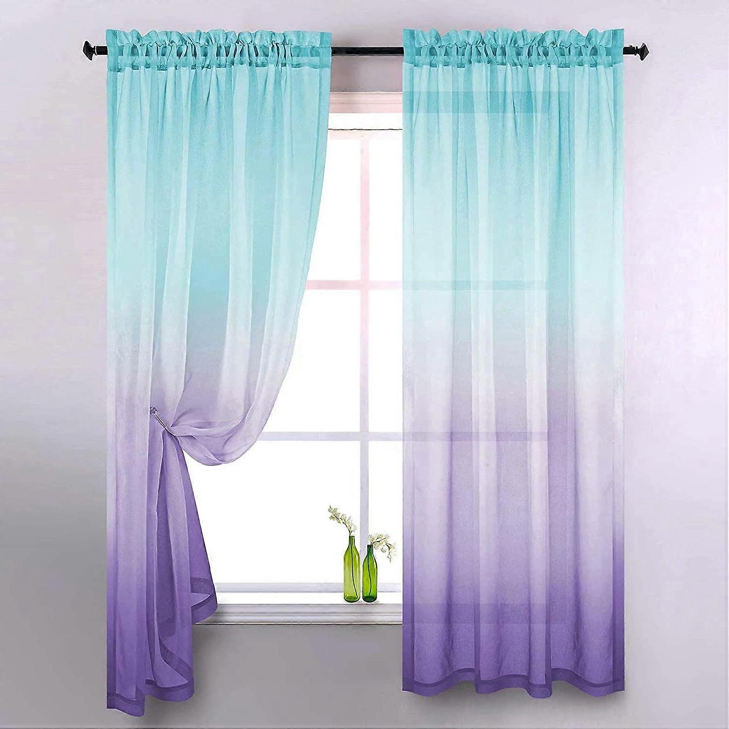 Curta Colour Gradient Mint Green Purple Set of 2 Voile SemiTransparent 106 x 160 cm