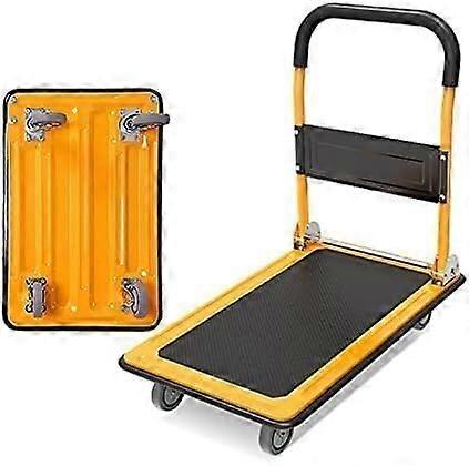 Folding cart, metal, fourwheeled mobile cart, flatbed cart, heavyduty flatbed cart, load capacity 300 pounds (Black Yellow) Ref: 6608
