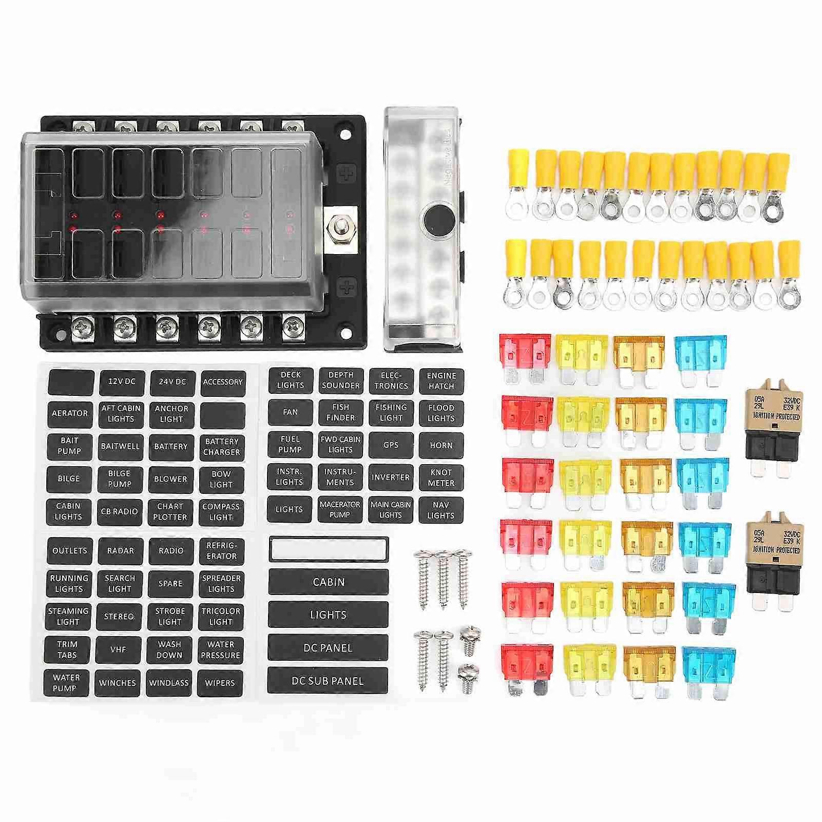 12 Way Blade Fuse Box Holder with LED Indicator 100A Heat Resistant for Cars RVs Yachts Ships 10‑32V