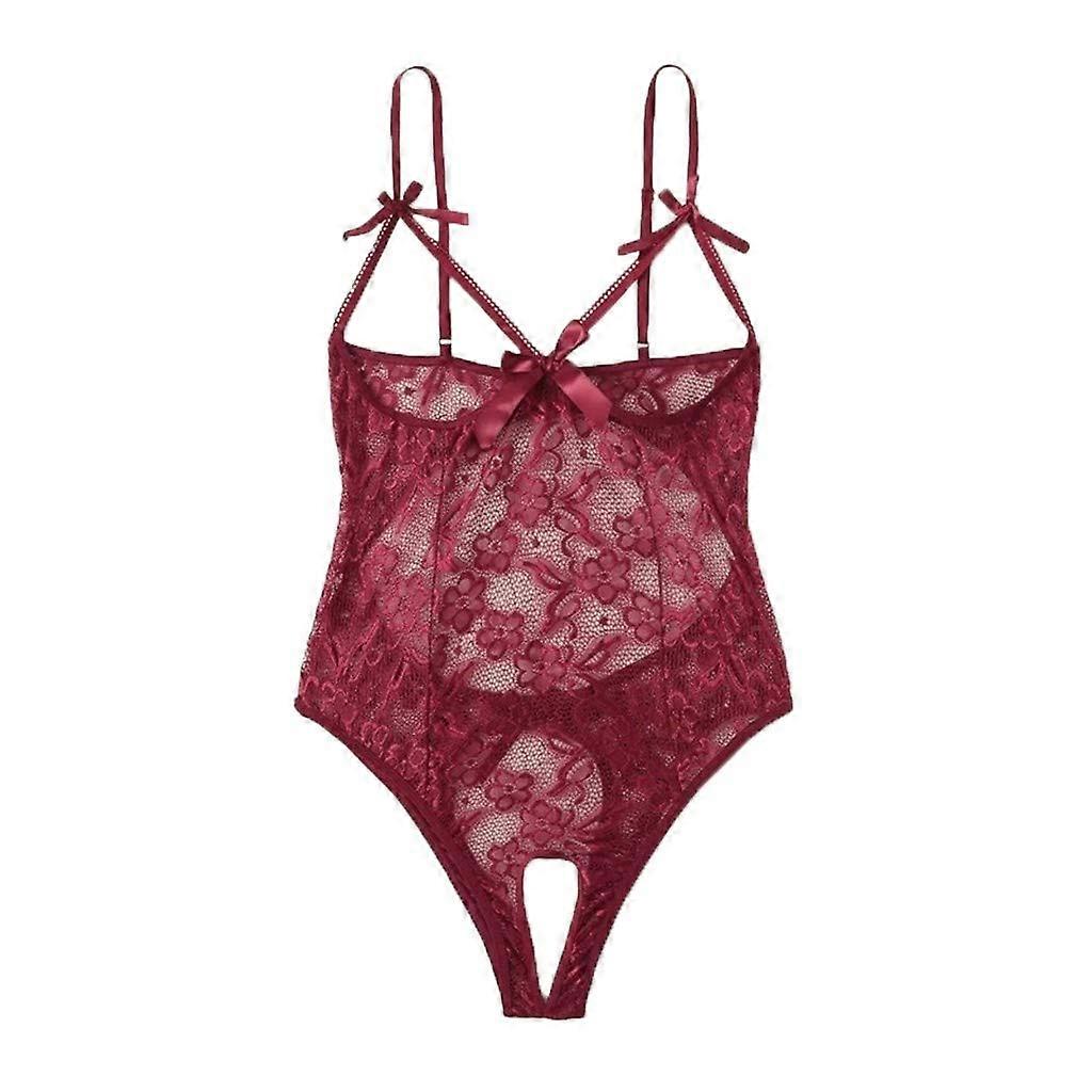 Sexy Lingerie Set for Women, Translucent Lace Bodysuit with Push-Up Bra, Red, Size S, Corset Style, Mesh Fabric
