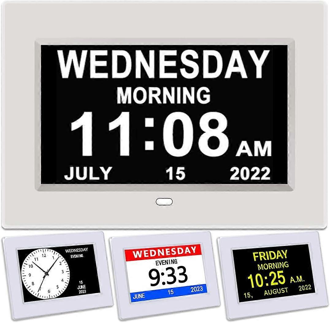 DST Uhr mit Tag und Datum für ältere Menschen-3 Display Digitaler Kalender Wecker Tag Demenz Alzheimer Uhr mit extra großem Display (7 Zoll weiß) 7 Zoll Wh