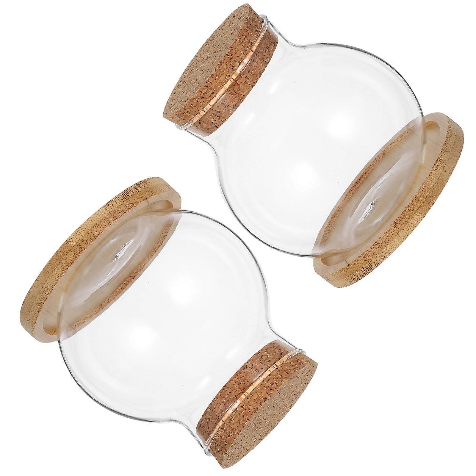 2 Sets Small Hydroponic Fish Bowls with Bamboo Cushion Cork Lid, Versatile Glass Vases for Betta, Plants & Terrariums, Ideal for Home & Office