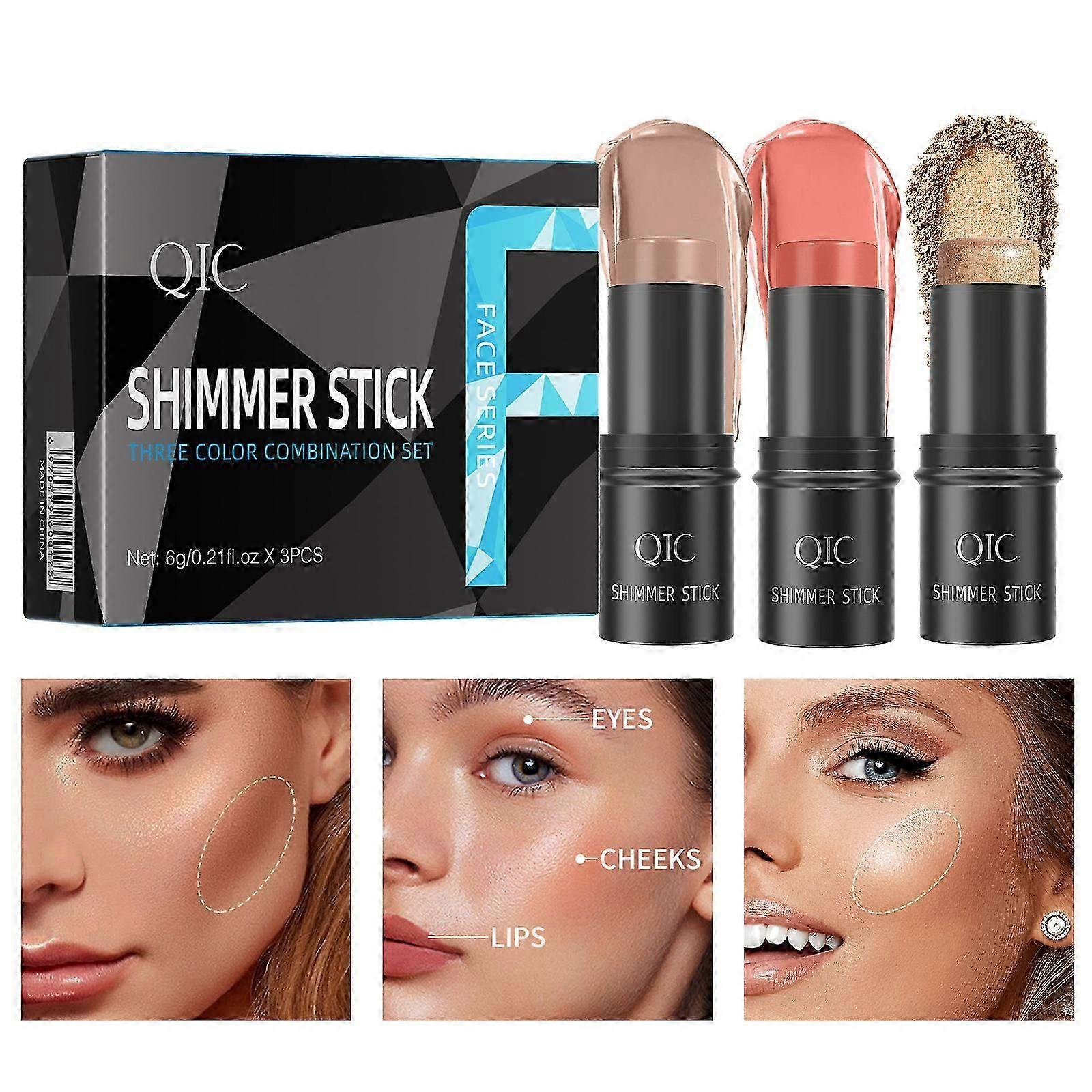 3 Pcs Cream Contour Stick Makeup Kit, Highlighter Stick, Blush Stick and Bronzer Contour Stick, Long Lasting & Smooth Natural Face Contouring for All