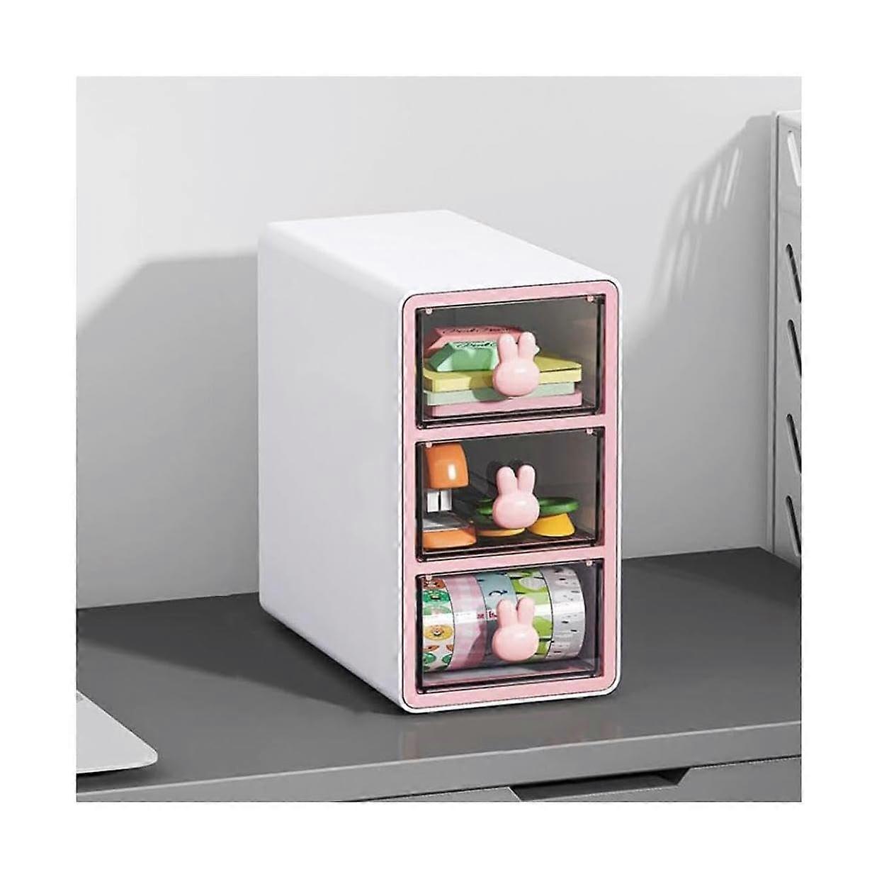 Organizer Desk Pencil Holder Plastic, Large Capacity Pen Stand with Drawer, Pink Three Grid Sturdy Desk Accessory