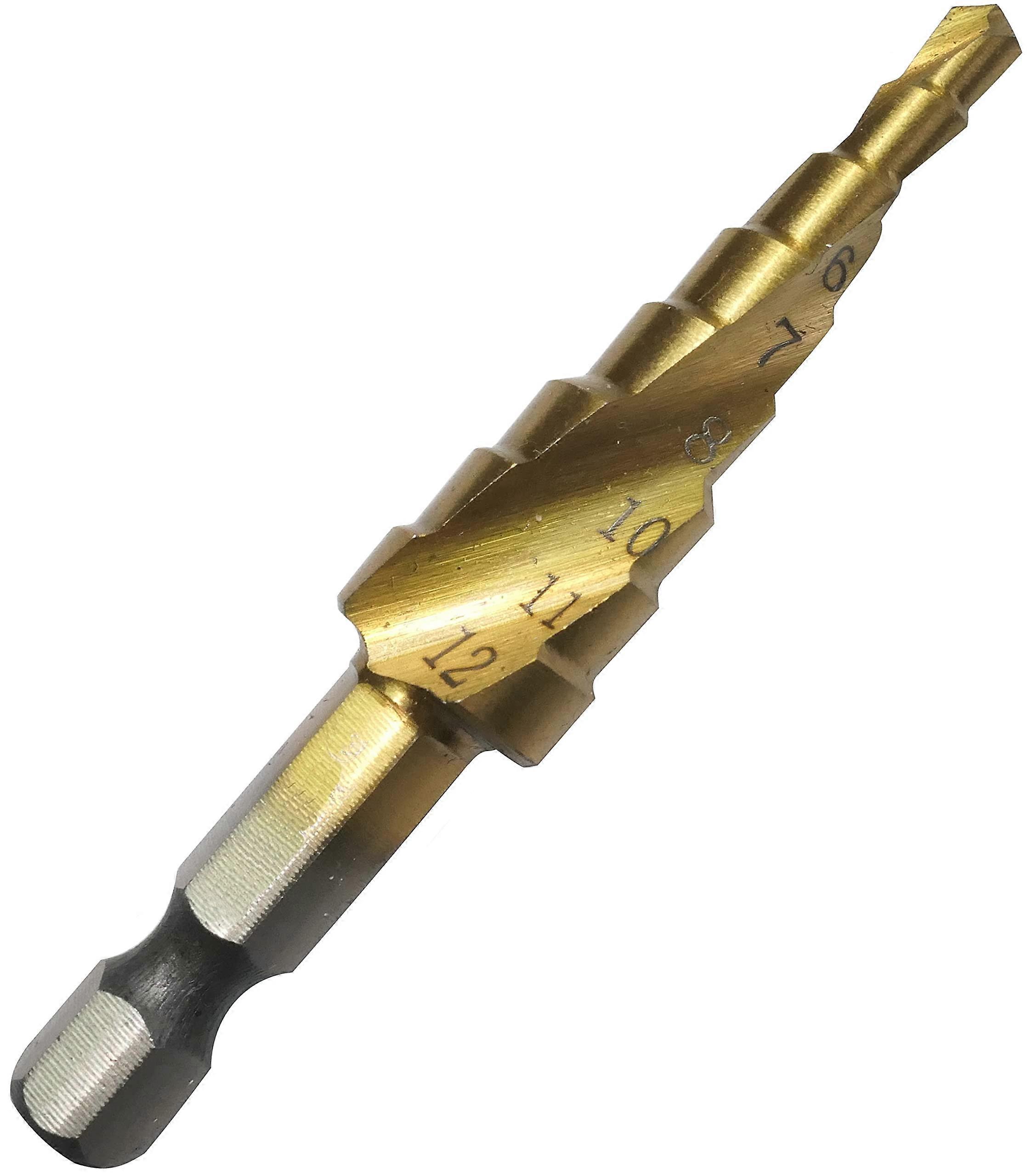 Step Drill Metal  Diameter 4.0 to 12.0 mm  HSS  TiN  Spiral Taper Drill Bit  Bit for Jaw Chuck  Hex Shank 1/4 Inch Ø4.0 to Ø12.0mm