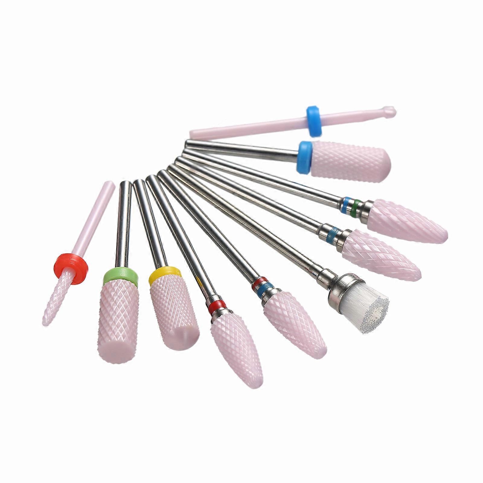 10pcs Ceramic Nail Drill Bits Set with Pink Case 9.8x6.5cm