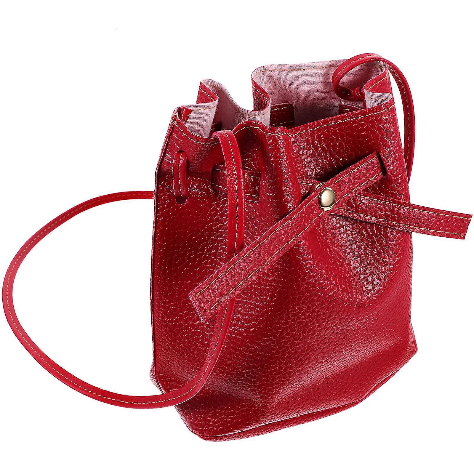 Bucket Bag Women Drawstring Shoulder Handbag for Storage Red PU