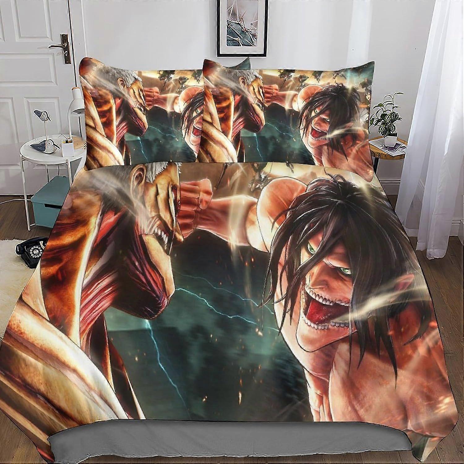t166 Attack On Titan Printed Duvet Cover Set Kids for Teens Adults Bedding Set 3-Piece Set Ultra Soft Microfiber Comforter Quilt Cover with Zipper Clo