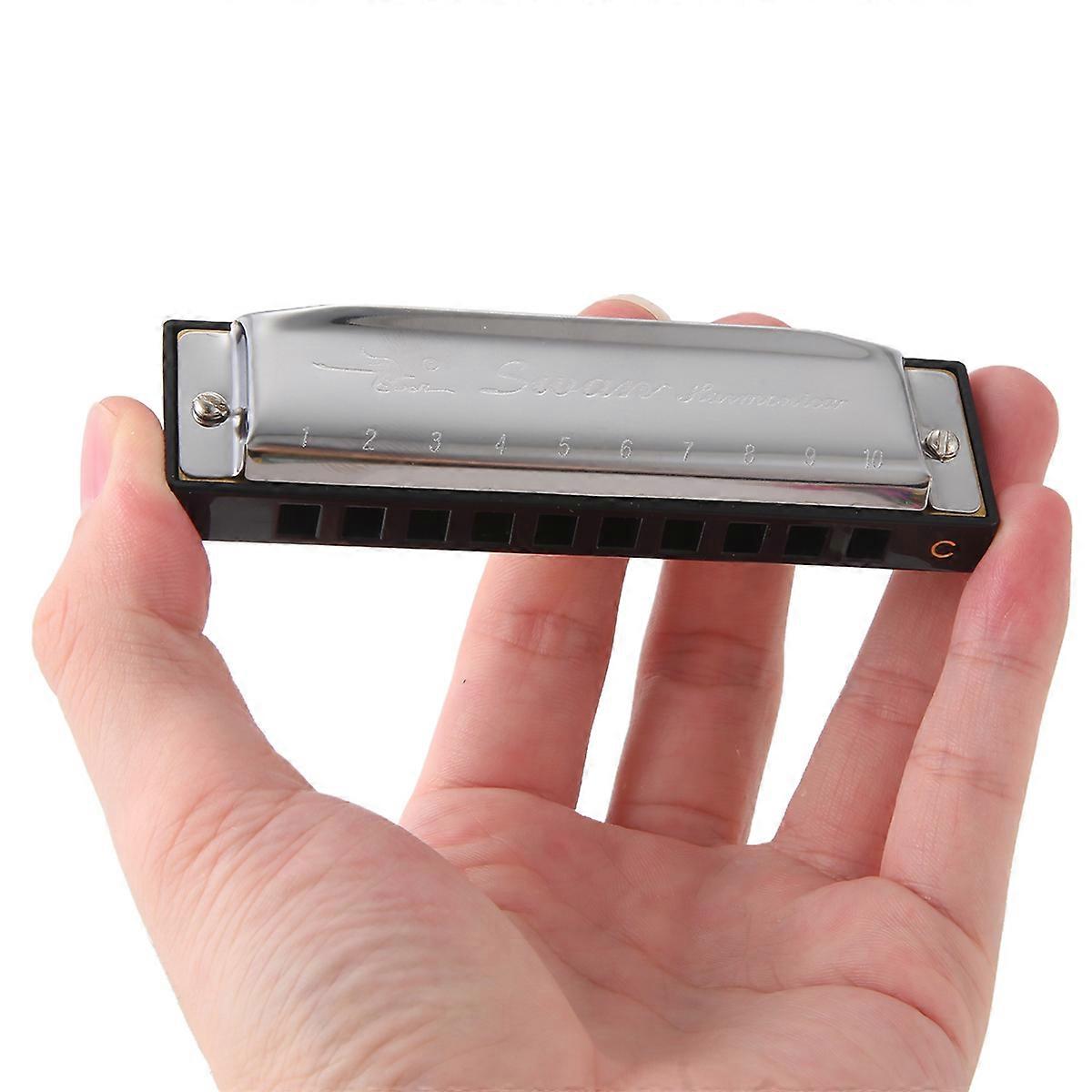 Swan Harmonica 10 Holes Key of C SILVER w/ Case Blues Harp