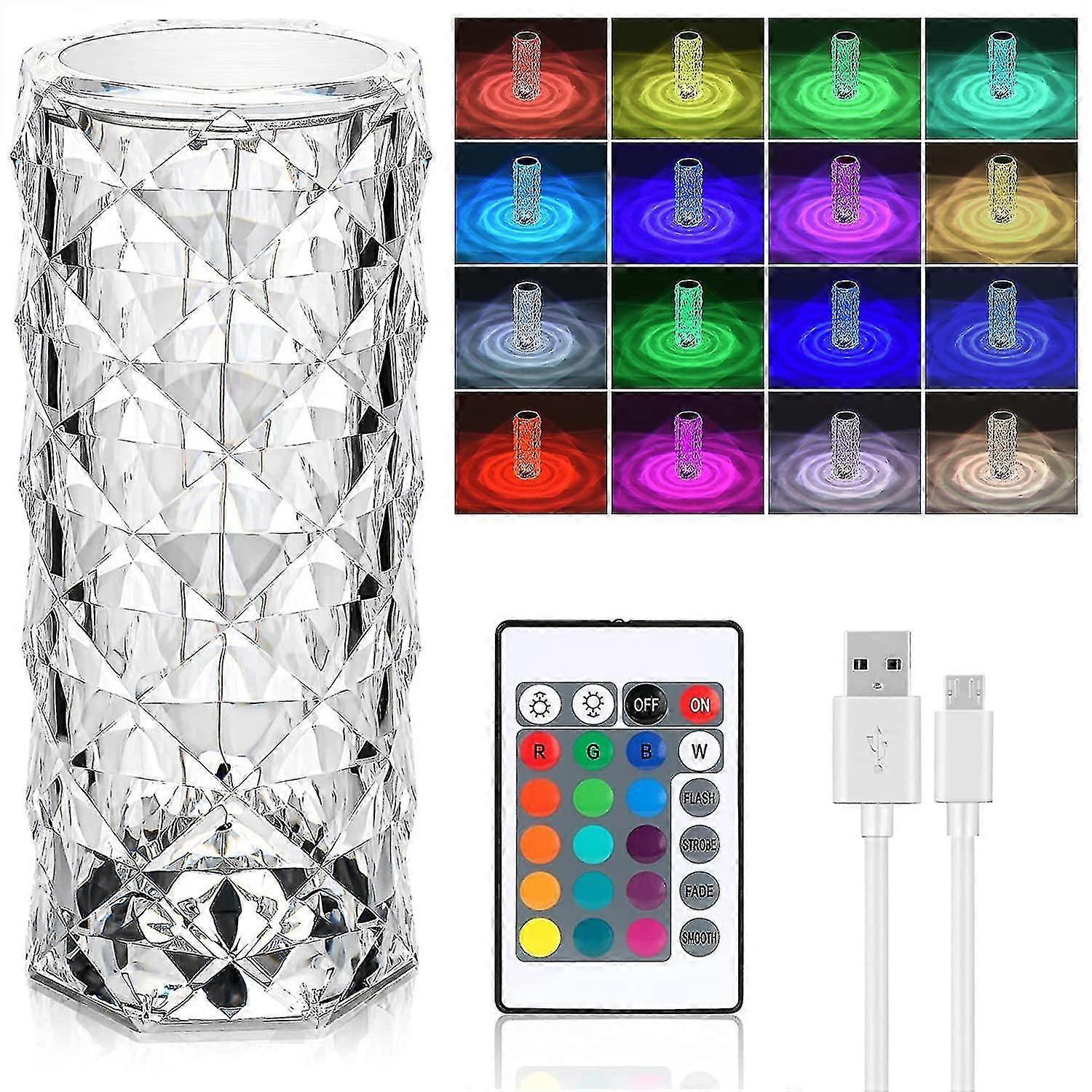 Crystal Diamond Table Lamp, 16 Colors Usb Charging Touch Lamp Bedside Night Light With Rem