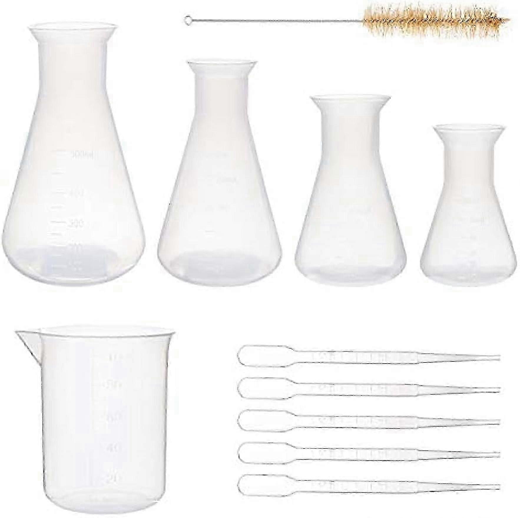 5pcs Erlenmeyer Flasks Plastic Flask Conical Flask Narrow Neck Flasks Graduated 50ml 100ml 250ml 500ml and 1pc Plastic Measuring Cup