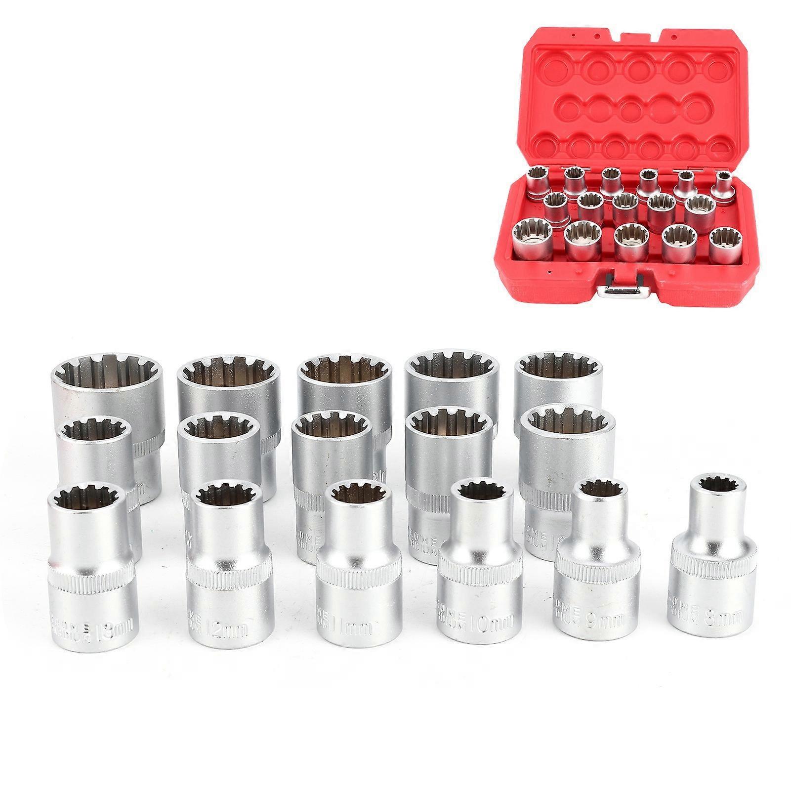 16pcs 1/2in DR Spline Socket Set SAE/Metric E8-E24 Mirror Nickel