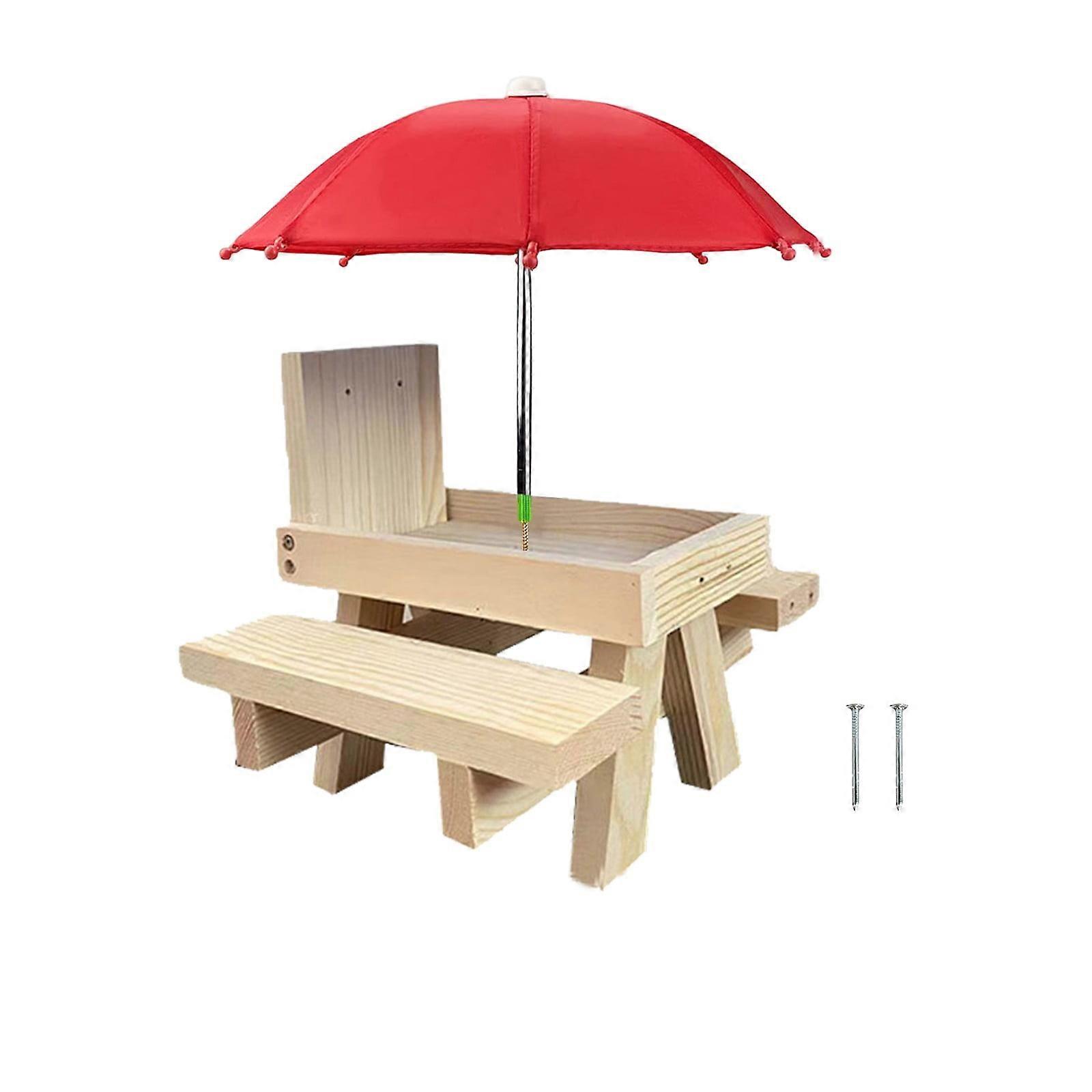Tanuke Clearance Squirrel Feeder Table with Umbrella, Compatible with Corn Cob Holder, Solid Wood & Thick Benches, 1Pc