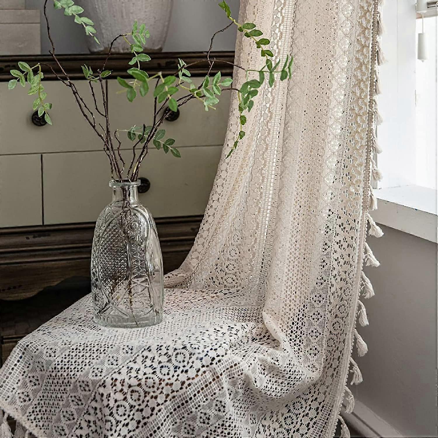 1 Panel Curtains Beige Boho Lace Window Drapes With Tassels Size 150x300 Cm (59x118 In) Net Curtains For Living Room