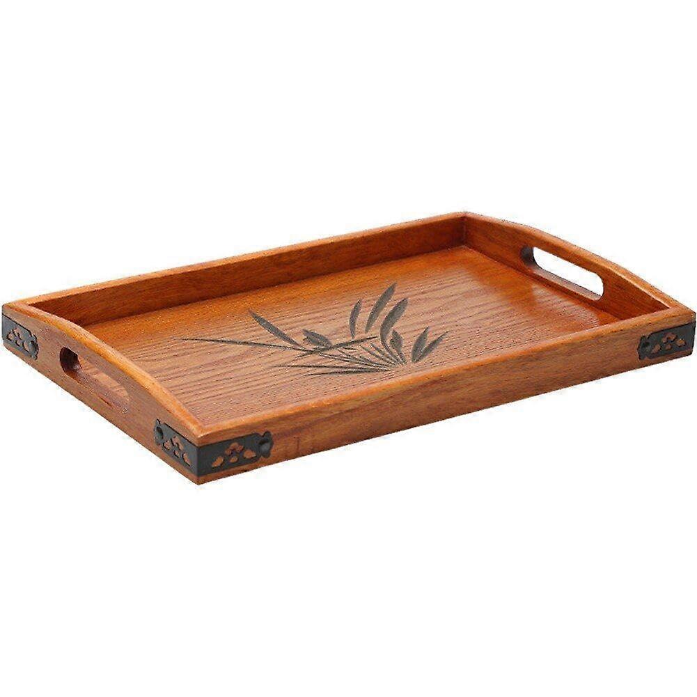 Wooden Serving Tray with Handle Solid Wood Rectangular Orchid Design for Tea Coffee Breakfast Drinks
