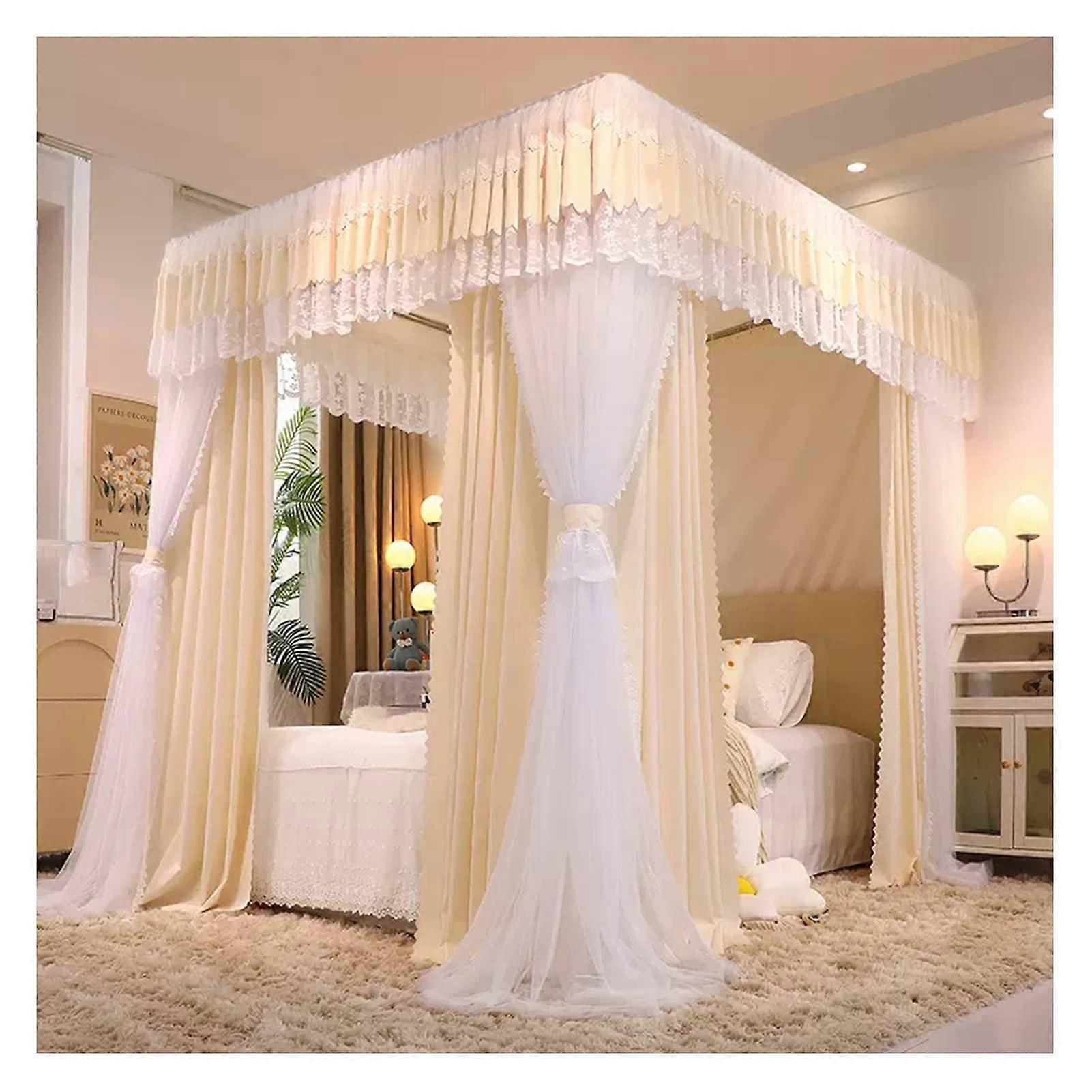 Bed Canopy with Mounting Bracket Double Layer Curtains for Single or Double Bed Cream Yellow 180x220x210cm