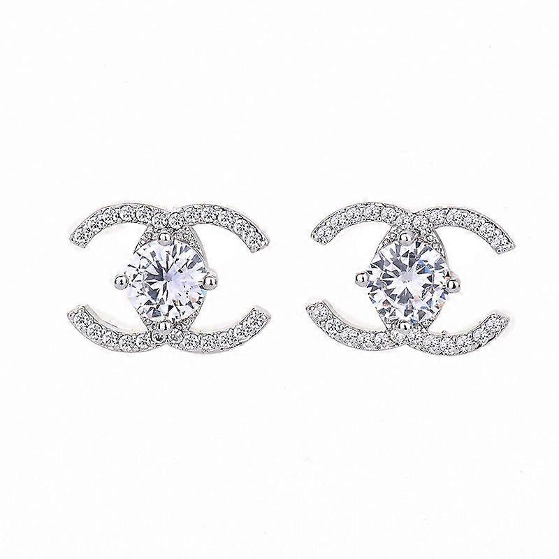 Boucles d'oreilles puces en argent sterling 925 et zirconiums, motif double C, pour femmes
