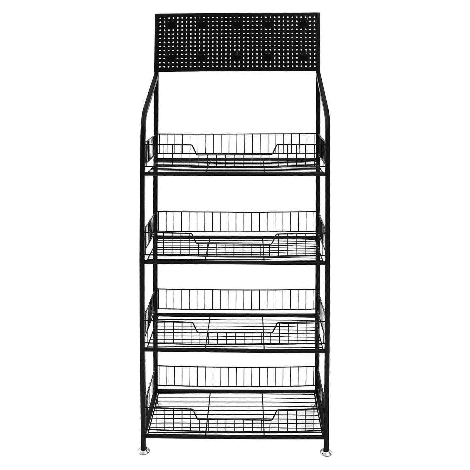 4 Tier Retail Display Rack with Hooks, Black Metal Storage Shelf for Snacks, Candy, Store or Kitchen