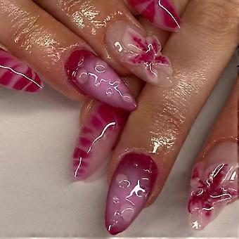Medium Almond Press On Nails with 3D Floral Design, Nude White Reusable Fake Nails Kit 24pcs