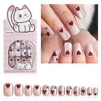 24Pcs Heart Design Short Square Press On Nail Cats Eye Glossy False Nail Easy To Apply And Remove Multicolor