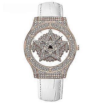 MOKAGO Luxury Rose Gold Crystal Star Watch - Elegant Women's Fashion Timepiece with Sparkling Diamonds & White Leather Strap