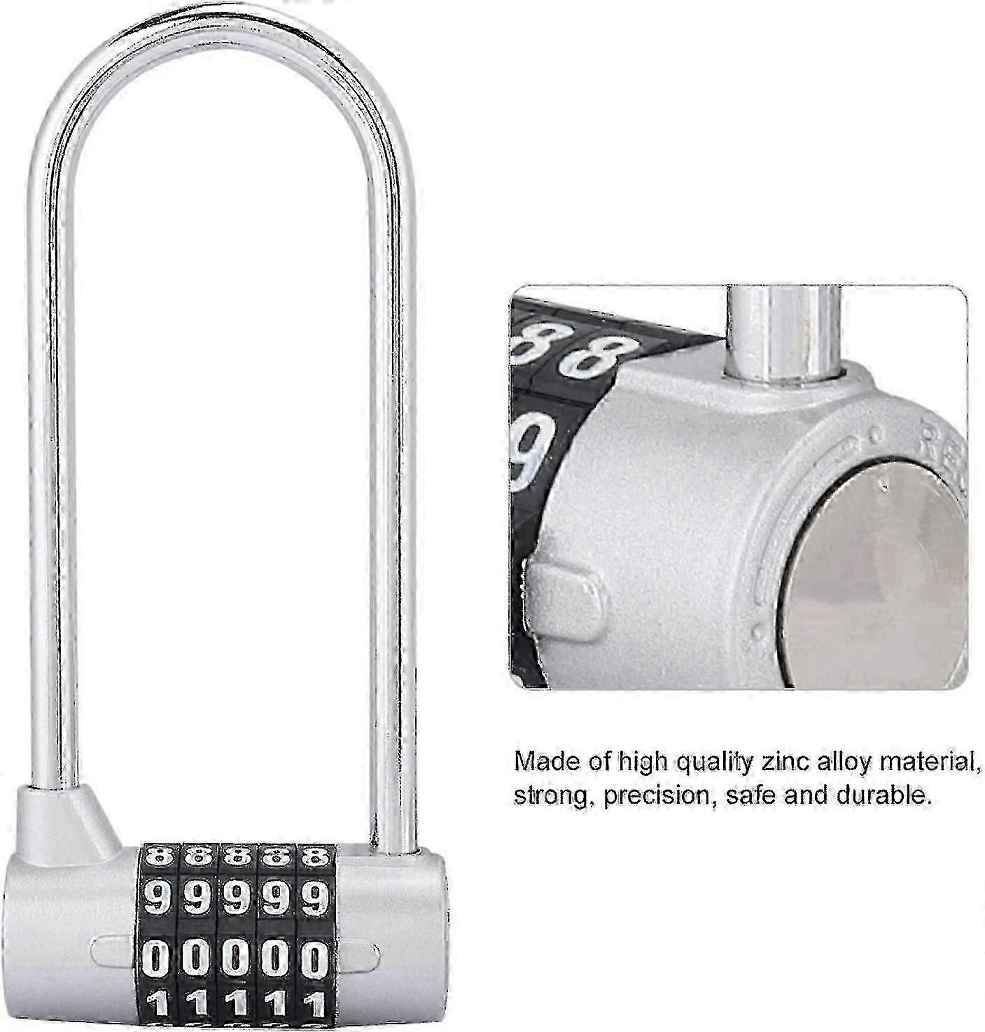 5 Digit Combination Padlock Alloy Safety U Shaped Code Lock Extra Long Locker Lock With Code Lock(silver)