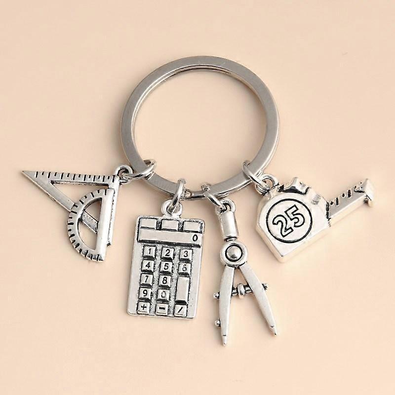 Multifunctional 1Pc Silver Keychain Triangular Ruler Painting Compass Pocket Size for School Architecture Drafting Beginners
