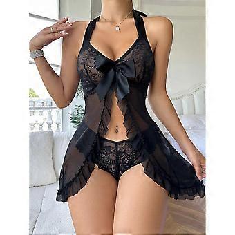 Europe and the United States popular lace perspective bow sexy sex nightdress sexy ultra-thin lace neck temptation women's underwear