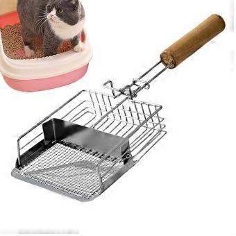 Cat Litter Scoop with Wooden Handle, Metal Shovel Hook Design for Precise Waste Sifting