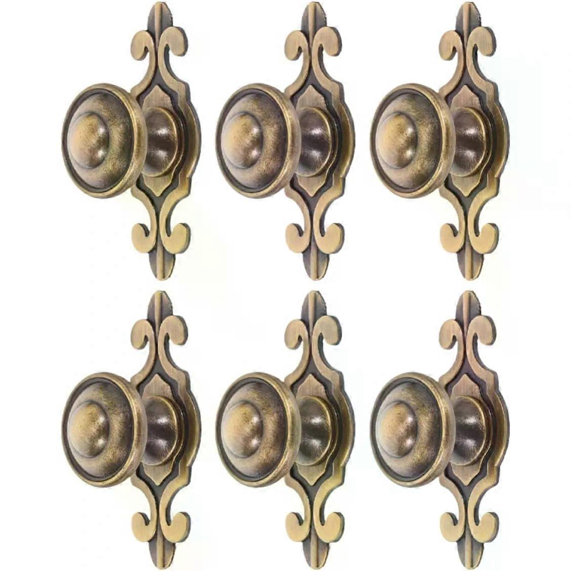 6Pcs Round Antique Brass Cabinet Knobs with Backplate, Single Hole