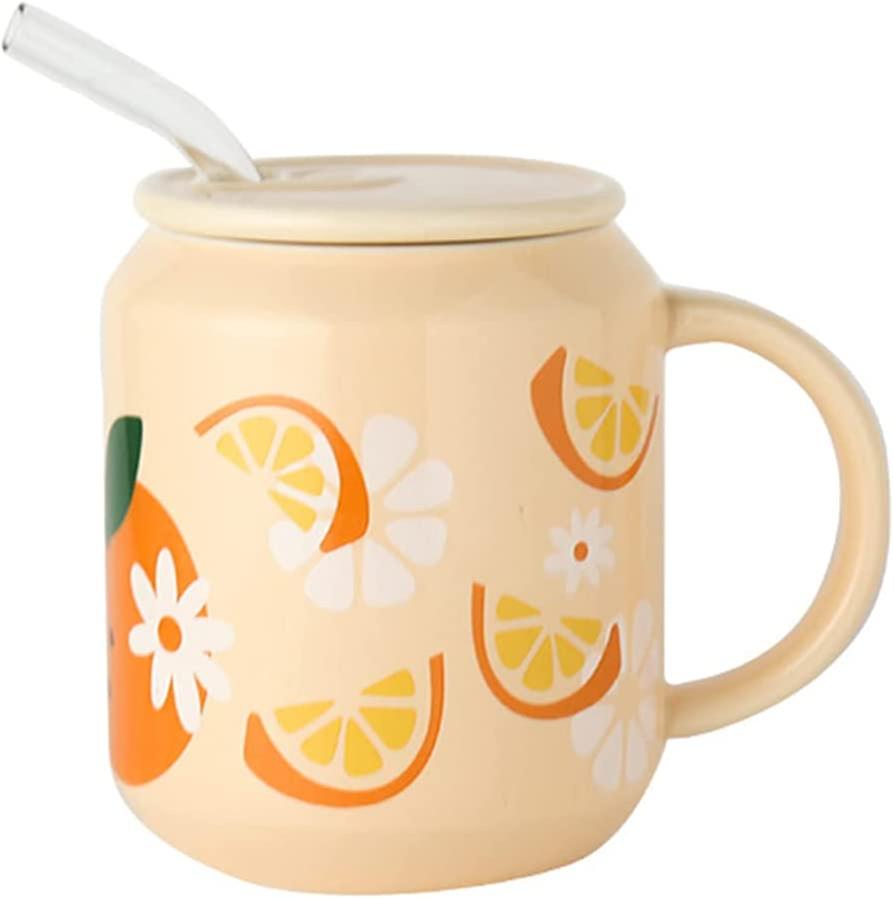 Porcelain Mug With Lid And Straw, 13 Oz Water Cup With Handle, Cute Orange Pattern