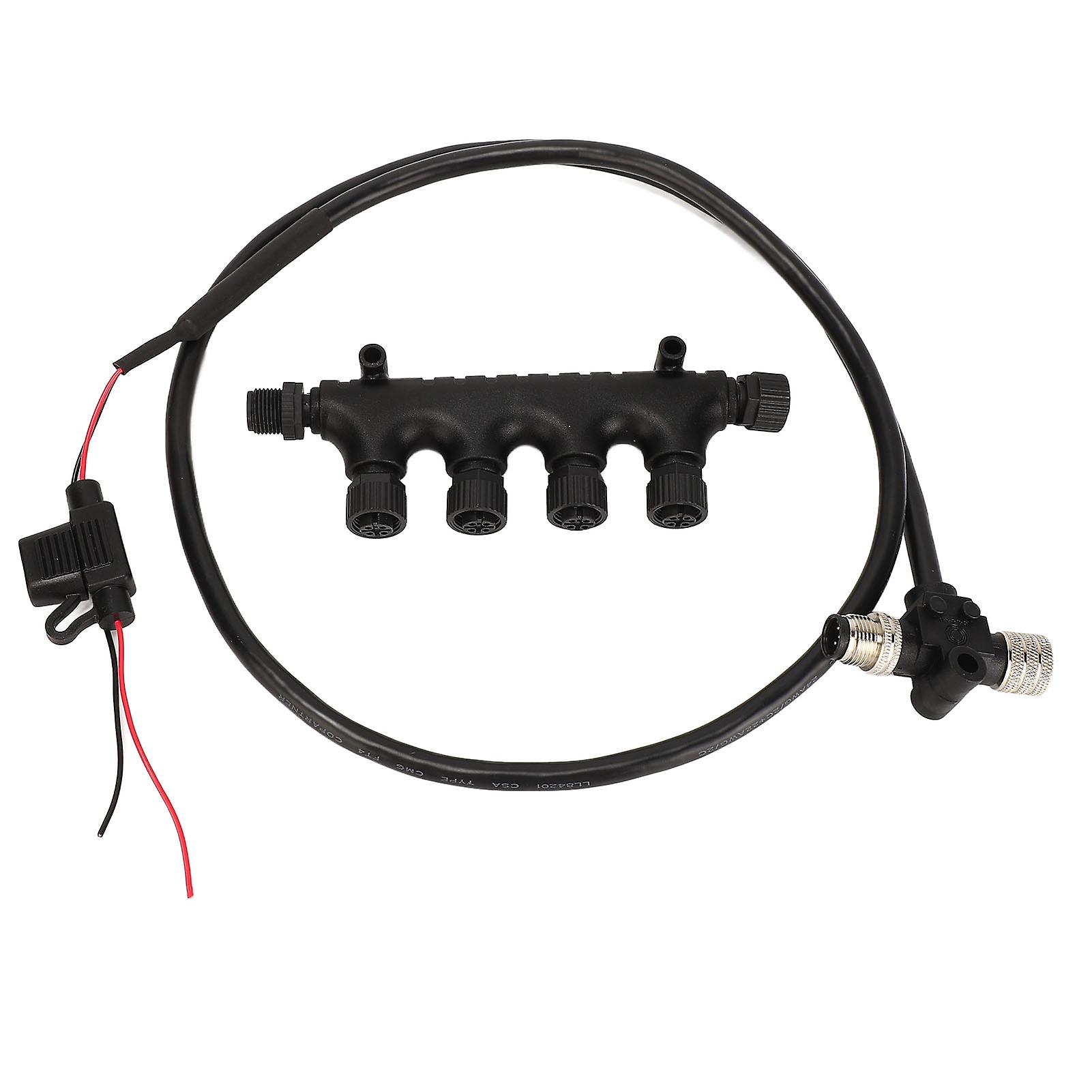 NMEA 2000 cable with 4-port T-connector, 3A fuse, 5-pin M12 thread, 1m length, IP67 waterproof, for Lowrance networks