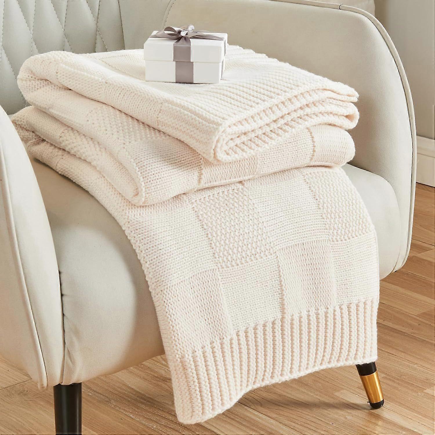 White Plaid Knit Blanket for Couch, Soft and Cozy Knitted Blanket for Bed or Sofa, Decorative Blanket for 130X160cm, White