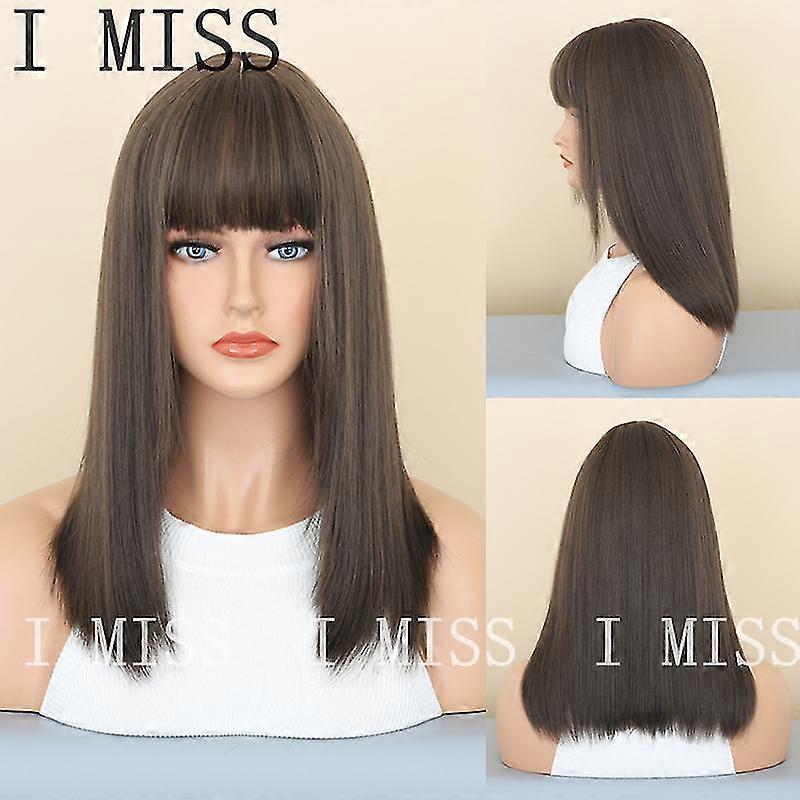 Women's wig with bangs, natural brown, fluffy, medium length, natural synthetic