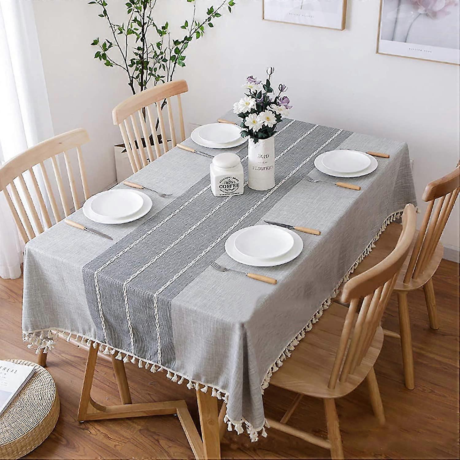 90*90 Cm Waterproof Tablecloth Embroidery Burlap Linen With Tassel