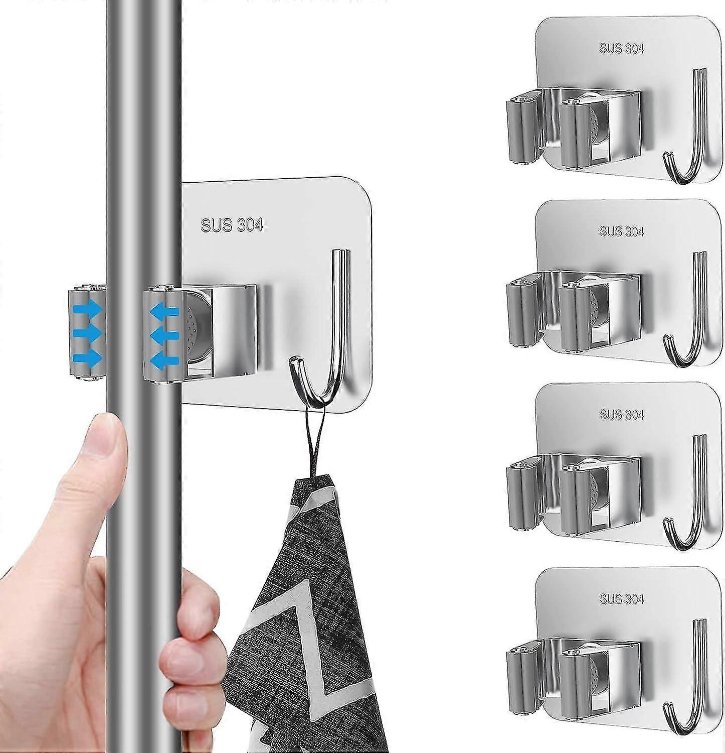 4 κάτοχοι σφουγγαρίστρας και σκούπας (γκρι), τοίχος κατόχων σφουγγαρίστρας ανοξείδωτου χωρίς τρυπάνι τοποθετημένος με μενταγιόν γάντζων, σφουγγαρίστρα και οργανωτής σκούπας για μπάνιο, γραφείο, kitc