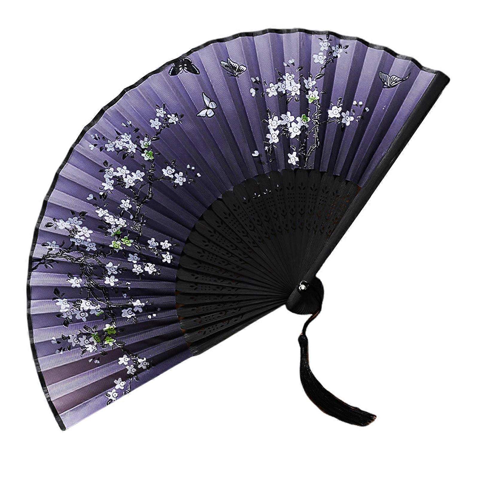 Folding Fan Chinese Faux Silk Cloth Fan Elegant Exquisite Print Handheld Fan with Tassel for Performance Dance