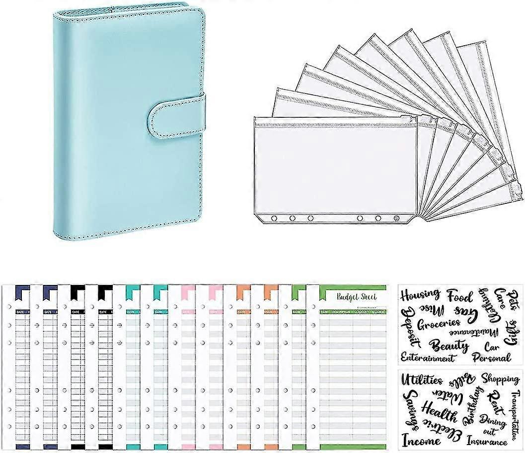 A6 Pu Leather Budget Binder,Include Budget Wallet,Zipper Envelopes,Budget Sheets,Stickers,Blue