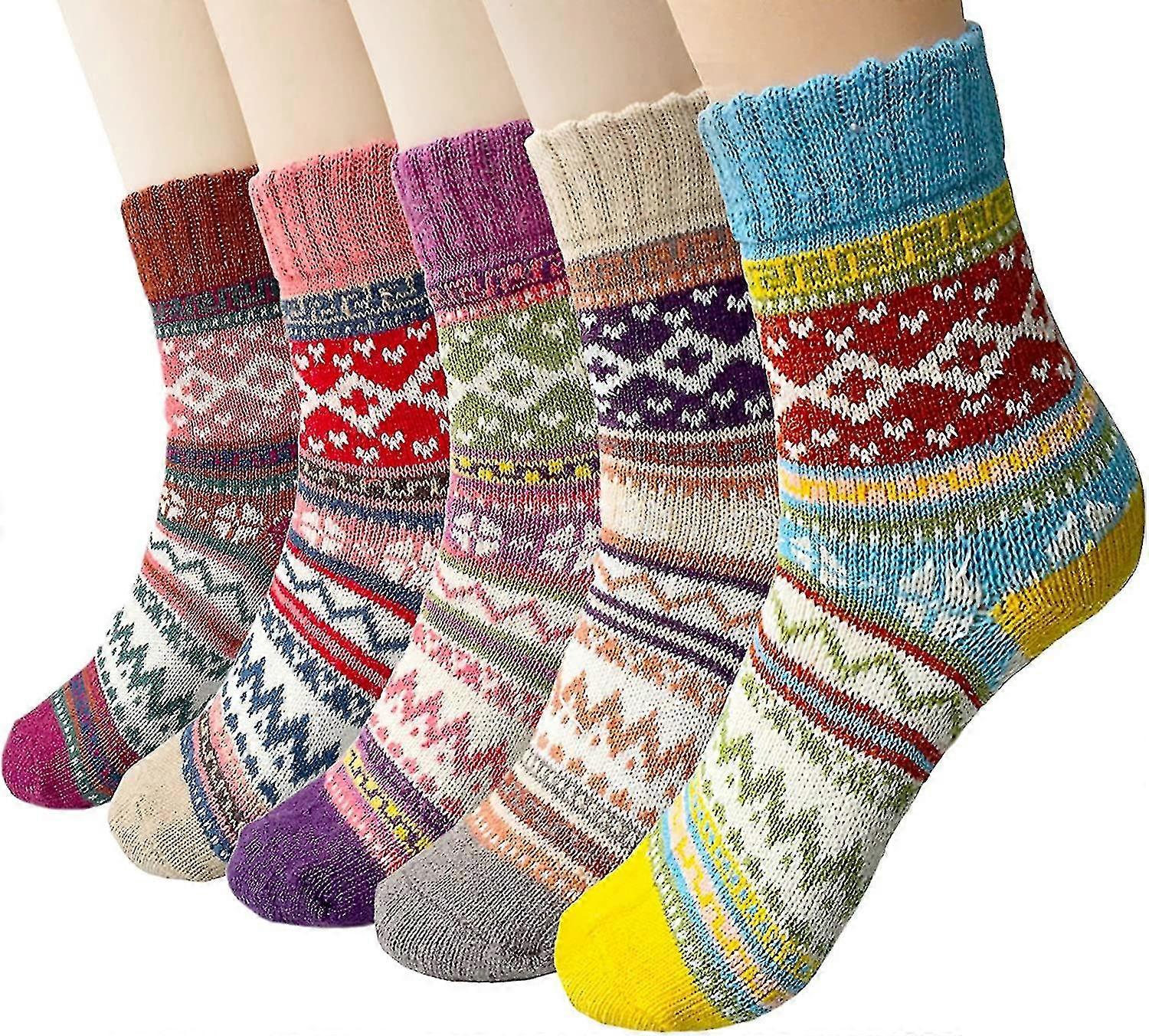 5 Pairs Of Pureh Winter Wool Ladies Socks, Colorful Patterned Knitted Socks