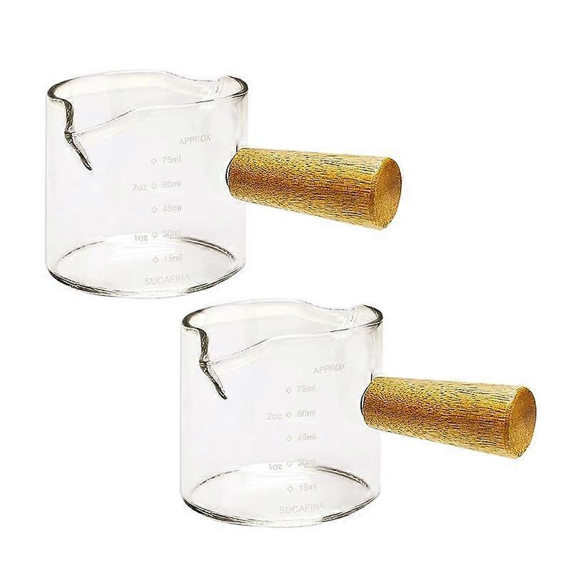 2Pcs Double Spouts Espresso Shot Glasses Measuring Glass Espresso Cups Cookware with Wood Handle for Milk Coffee, 75 Ml
