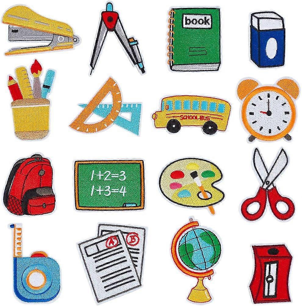 16Pcs Back to School Iron on Patches Adhesive School Theme Sew on Patches Decorative Book Blackboard Painting Tray Bus Pencil DIY
