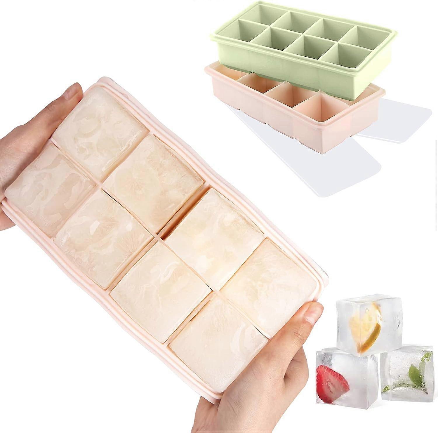 Square Ice Cube Mold, 2 Packs XXL Silicone Ice Cube Molds with Lid for Whiskey, Cocktails and Wine - Flexible, BPA Free and FDA Approved (Pink-Green)