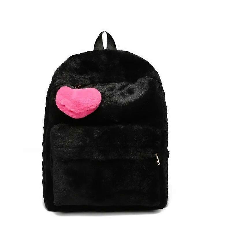 Cute Solid Faux Fur Backpack Heart Pendant Winter Soft Women's Big Plush Backpack Pink Black White Rucksack Mochila