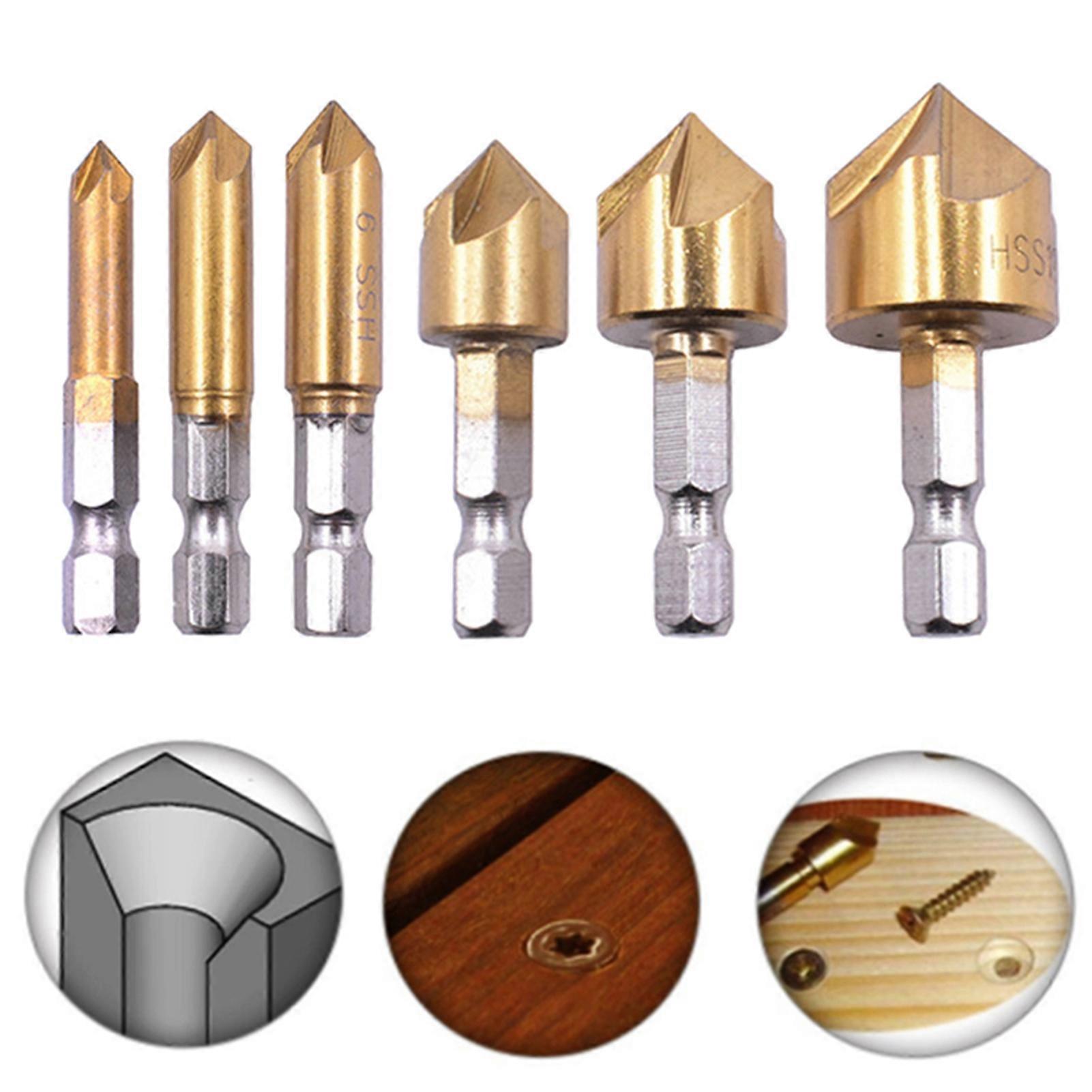 6Pcs/Set 6-19mm Chamfer Bit Hex Shank 5 Flute Titanizing Hole Opener Woodworking Countersink Drill Bit Workshop Supplies Mengxi