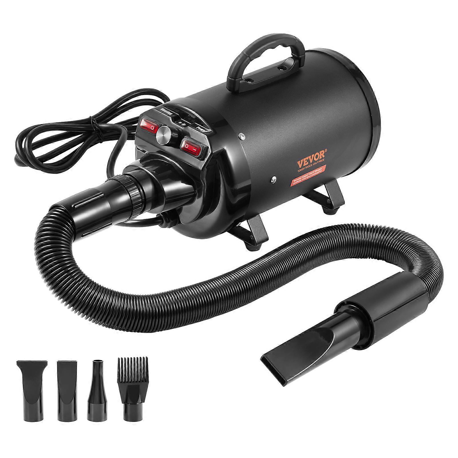 狗用吹风机，2000W/2.7HP 狗用吹风机，带 4 个喷嘴和可伸缩软管的宠物吹风机，黑色