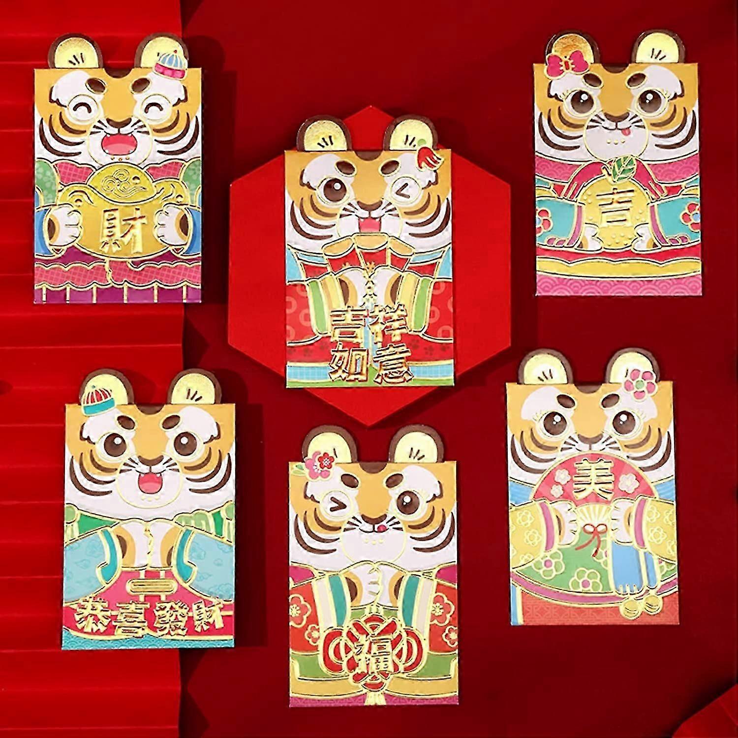 مظاريف حمراء صينية hongbao 6 قطع مظاريف المال المحظوظ ، مغلفات جيب أحمر الكرتون النمر نمط لحفل زفاف رأس السنة الجديدة C كبير