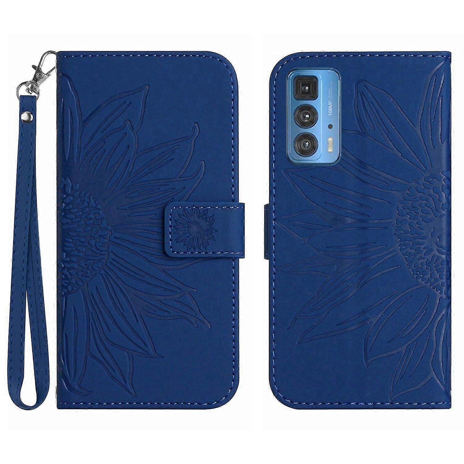FLOODKING Compatible With Motorola Edge 20 Pro Embossed Sunflower Magnetic Card Holder Wallet Phone Case with Short Strap