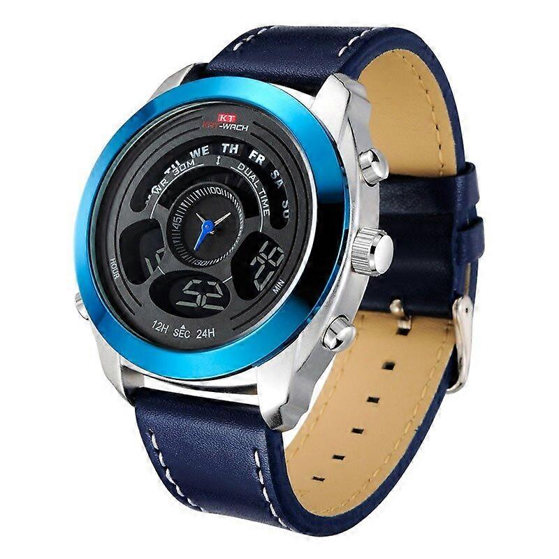 Sport Men Digital Watch Date Week Month Display Chronograph Leather Strap Led Dual Display Watch