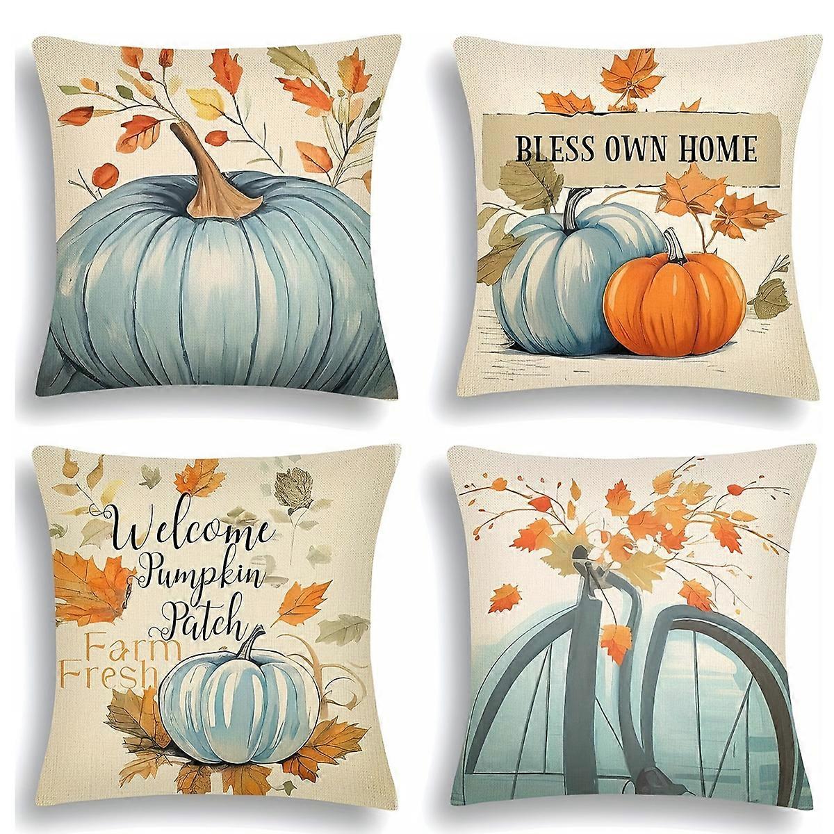 4 Fall 18x18 Pillow Covers, Pumpkin, Maple Leaf, Thanksgiving Decor